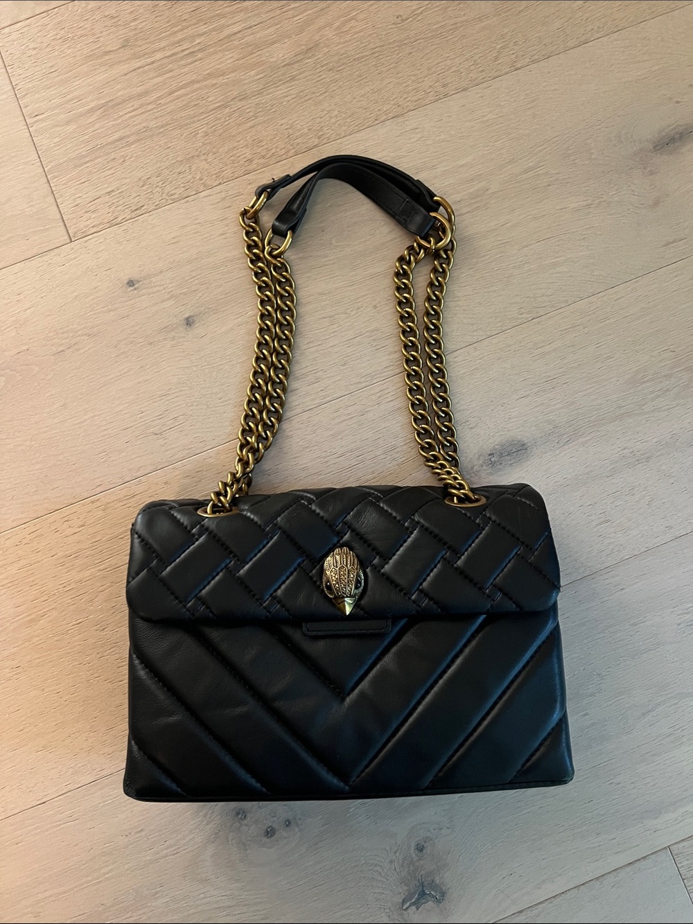 Kurt Geiger Kensington Black Quilted Leather Shoulder Bag with Gold Chain